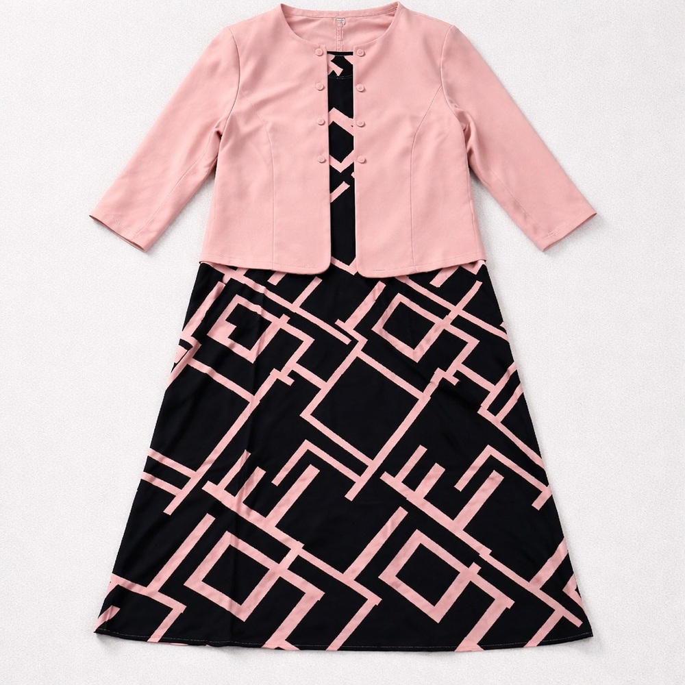 Women’s Plus Geometric Outfit Set Long Dress with Jacket Pink Size 3XL